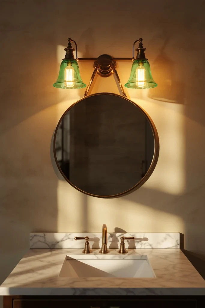21 Green Bathroom Ideas That Bring Nature's Calm Into Your Home 19 bathroom vanity, featuring a pair of green tinted glass pendant lights