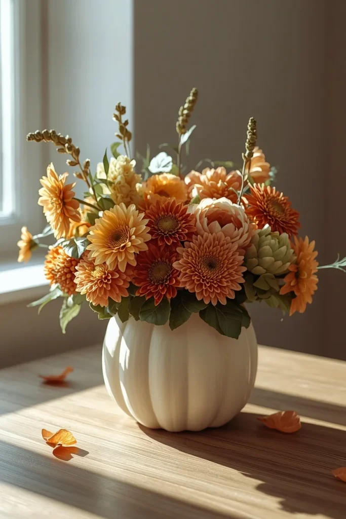  floral pumpkin vase centerpiece shot, featuring a hollowed white pumpkin filled with dahlias
