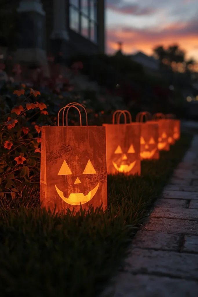 18 Halloween Walkway Ideas That Set the Spooky Mood Early 19 Halloween paper bag luminaries, featuring warm glowing paper lunch bags