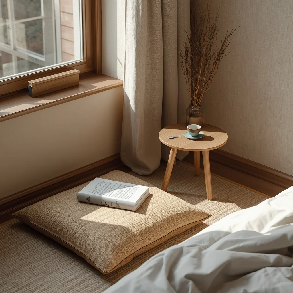  Japandi bedroom corner, featuring a low woven floor cushion seating area near a window