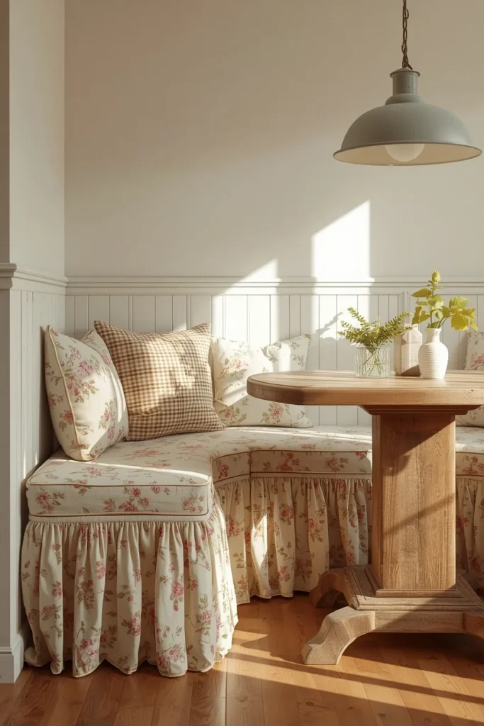 21 Kitchen Banquette Seating Ideas That Make Every Meal Feel Special 19 cottage kitchen nook, featuring a banquette bench with a soft box-pleated fabric skirt