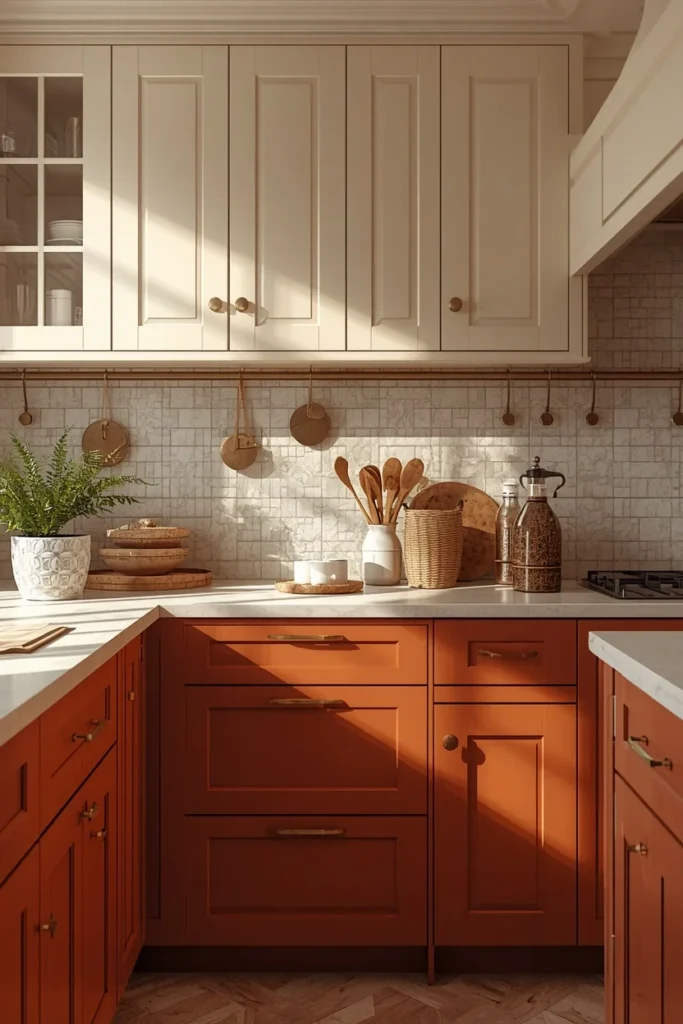  kitchen, featuring terracotta lower cabinets and cream upper cabinets, handmade tile backsplash,