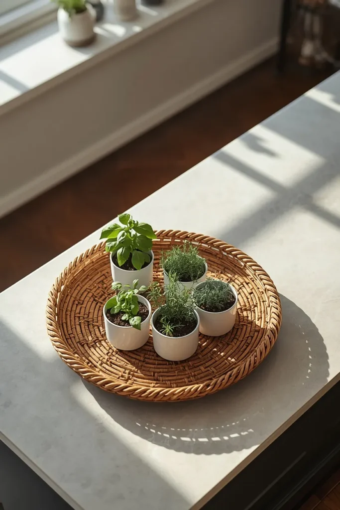 kitchen island, featuring a woven rattan tray holding small potted herbs