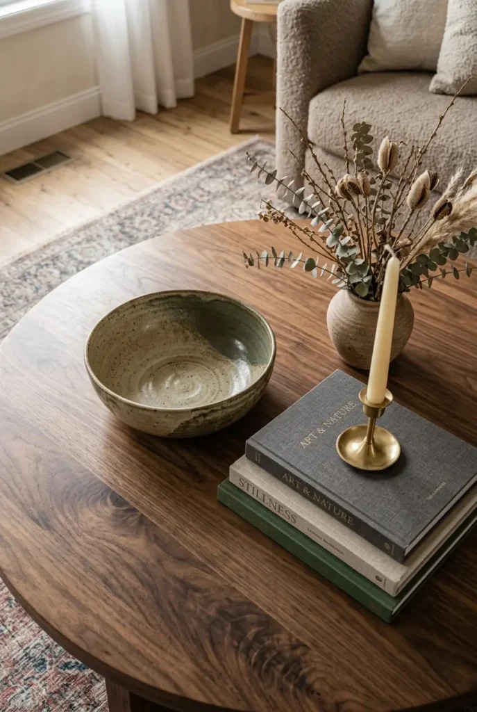  coffee table styling shot, featuring a round dark wood coffee table 