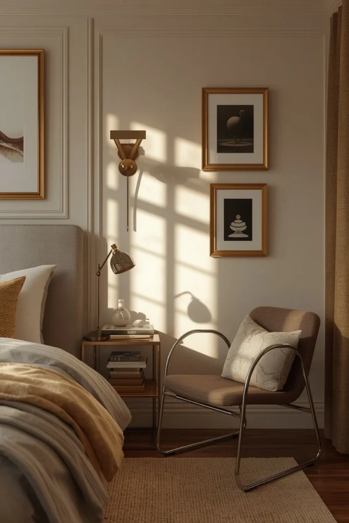 bedroom, featuring layered mixed metals throughout the room including brass wall sconces