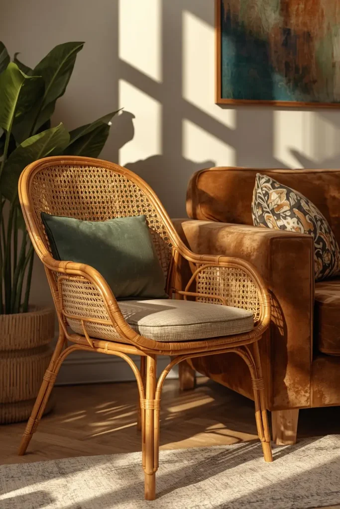  living room close-up, featuring a curved cane-backed rattan accent chair
