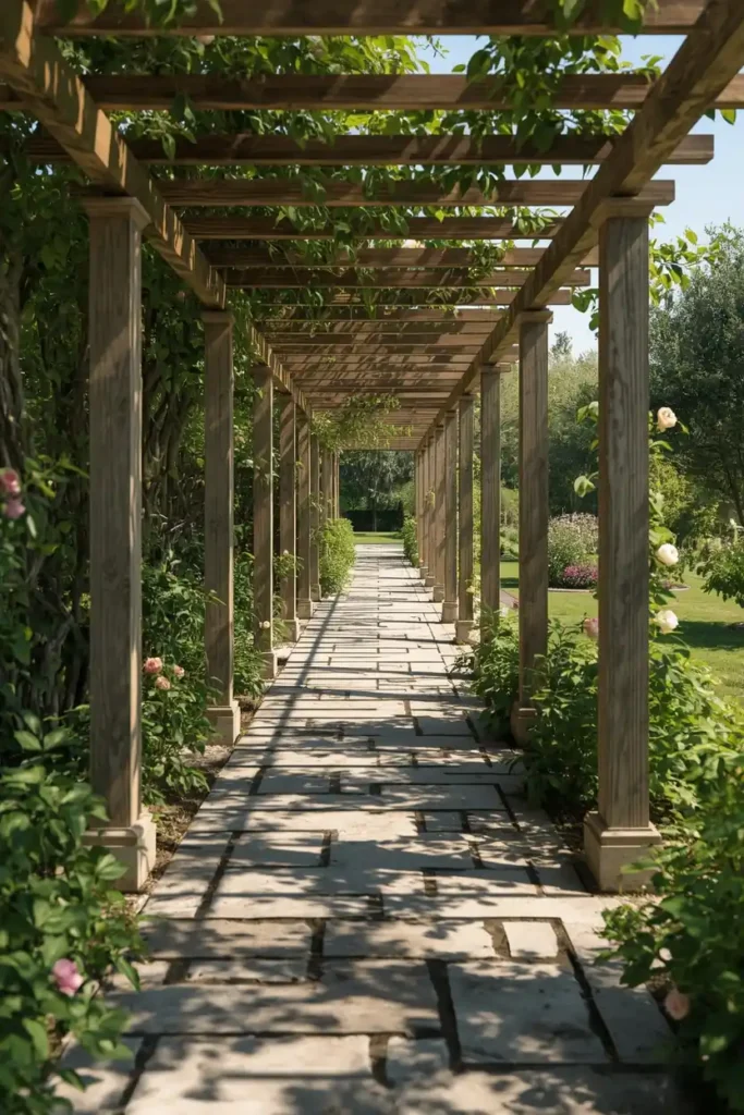 garden walkway, featuring a narrow slatted wood pergola running