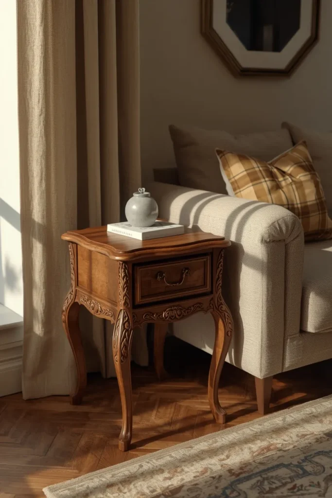  small apartment living room, featuring an antique carved wood side table positioned 