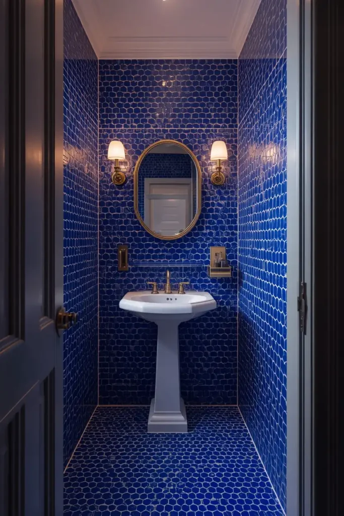 18 Scalloped Tile Ideas for a Soft, Statement-Making Bathroom 19 powder room wide angle shot, featuring every wall wrapped floor to ceiling