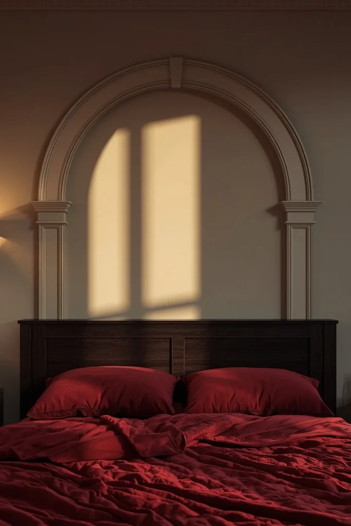 21 Vampy Romantic Bedroom Ideas for a Moody, Gothic-Chic Retreat 19 bedroom headboard wall shot, featuring an arched wood panel molding