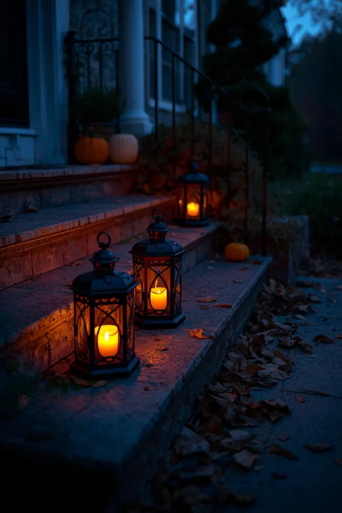 23 Vintage Halloween Decor Ideas That Look Straight Out of an Old Storybook 19 front walkway at dusk, featuring three black wrought iron lanterns