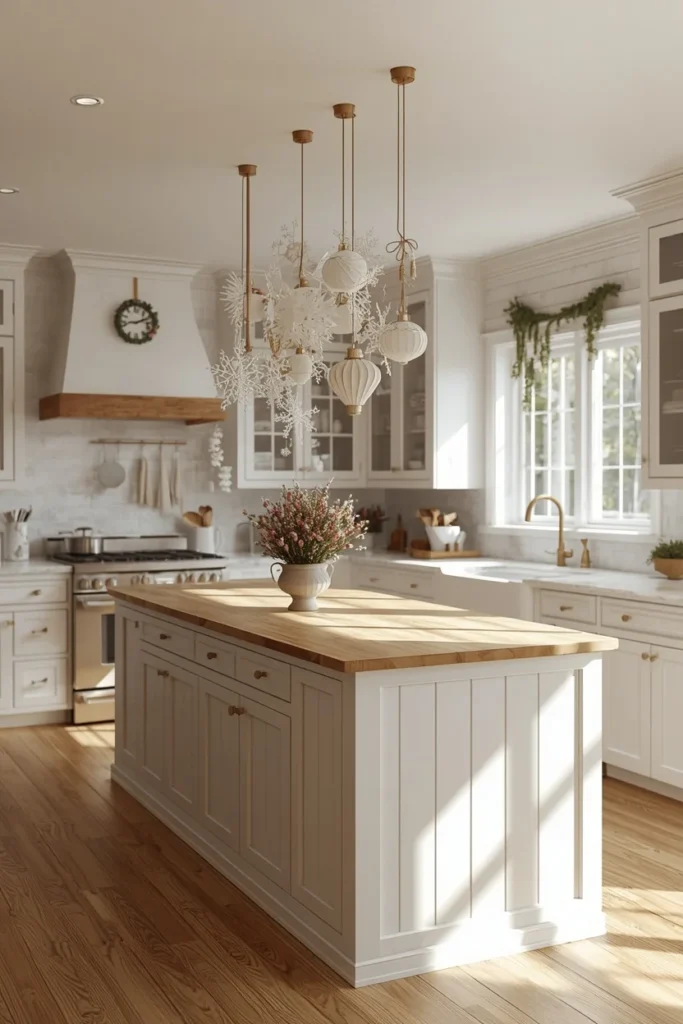 19 Ways to Decorate a Farmhouse Kitchen for Christmas (Cozy, Budget-Friendly Ideas) 19 farmhouse kitchen island, featuring a suspended cluster of ornaments