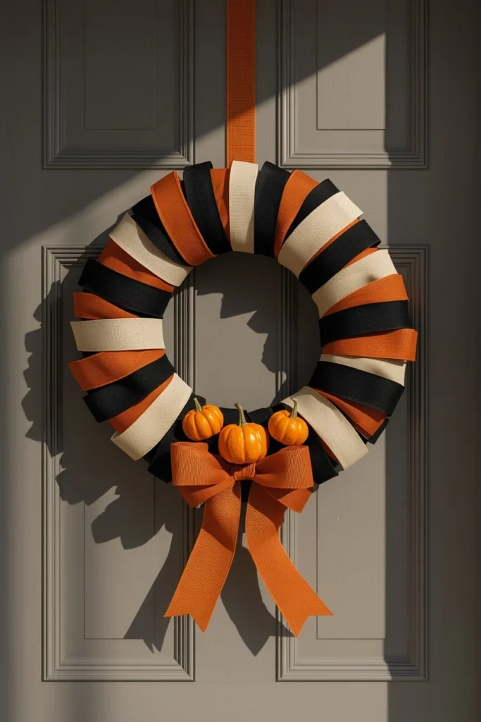 25 Whimsical Halloween Decor Ideas That Feel Spooky and Cute 19 front door, featuring a ribbon-loop wreath in black, cream,