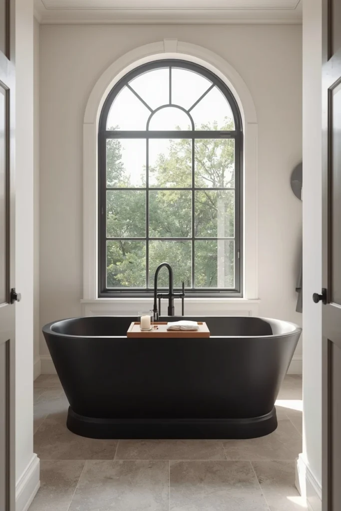19 Black Bathroom Ideas That Are Dramatic, Chic & Completely Stunning 20 primary bathroom, featuring matte black freestanding soaking tub centered