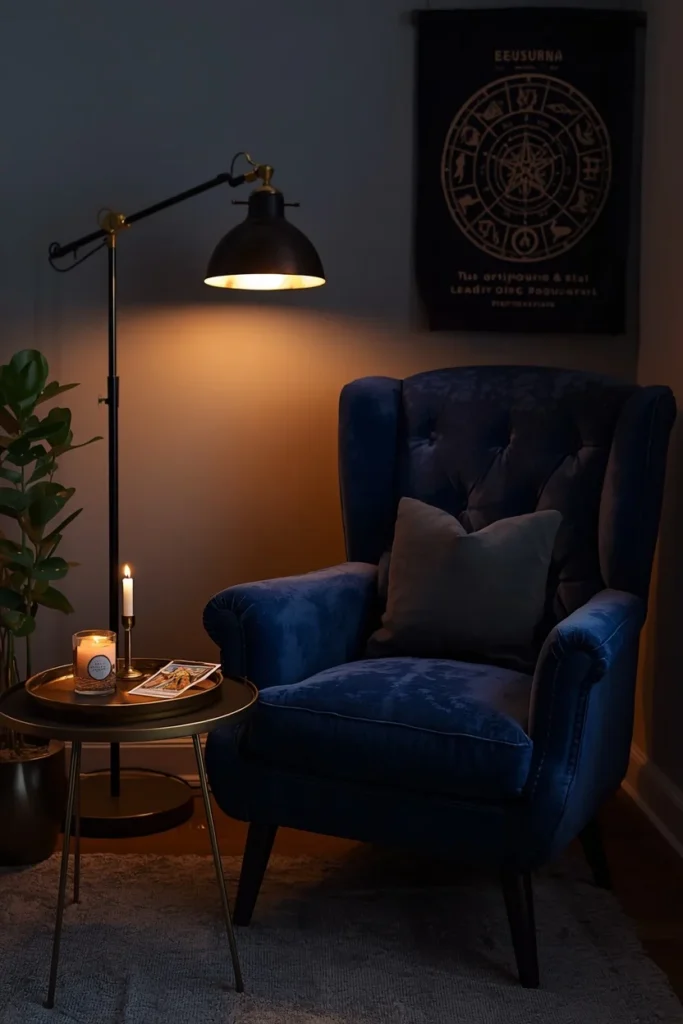 22 Cosmic Interior Design Ideas for a Starry, Galaxy-Inspired Home 20 styling vignette, featuring a deep midnight blue velvet armchair in a corner reading nook