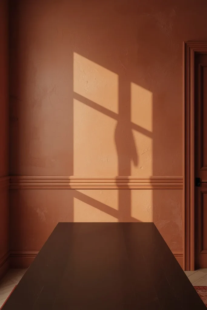 dining room, featuring textured plaster walls in warm clay tones with painted wood trim