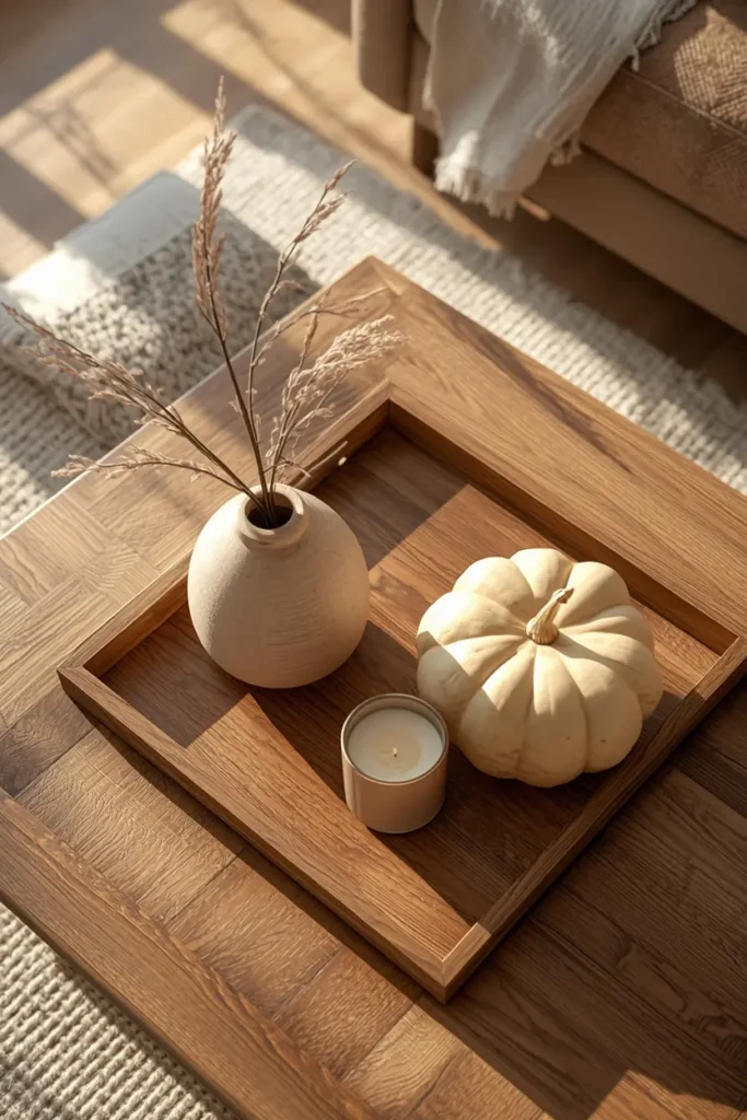 20 Cozy Warm Neutral Fall Living Room Ideas Anyone Can Recreate 20 living room coffee table close-up, featuring a low wood tray with one ceramic vase,