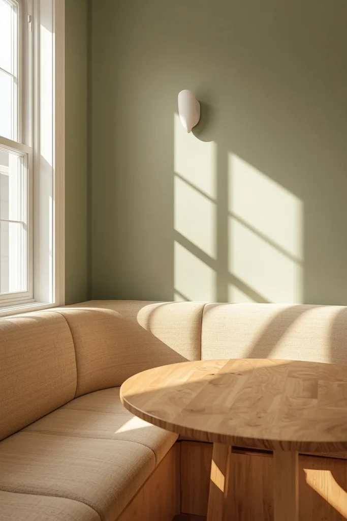  kitchen nook wide shot, featuring a curved banquette upholstered in warm cream boucle set