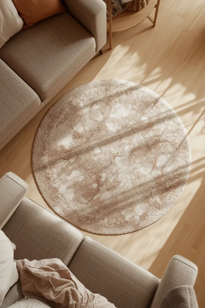 overhead angle living room shot, featuring a round neutral area rug beneath a curved sofa