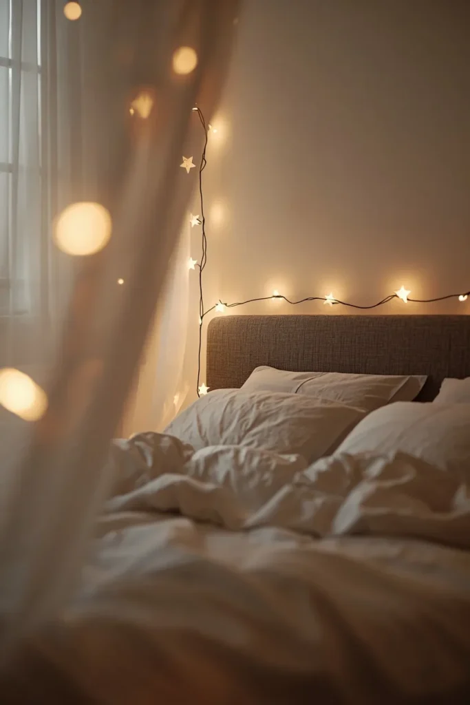  bedroom, featuring warm white star-shaped string lights draped along the headboard wall