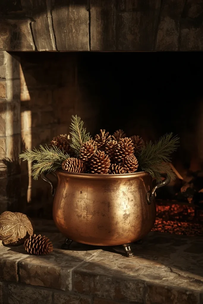 fireplace hearth, featuring a large vintage copper cauldron filled generously with oversized pinecones 