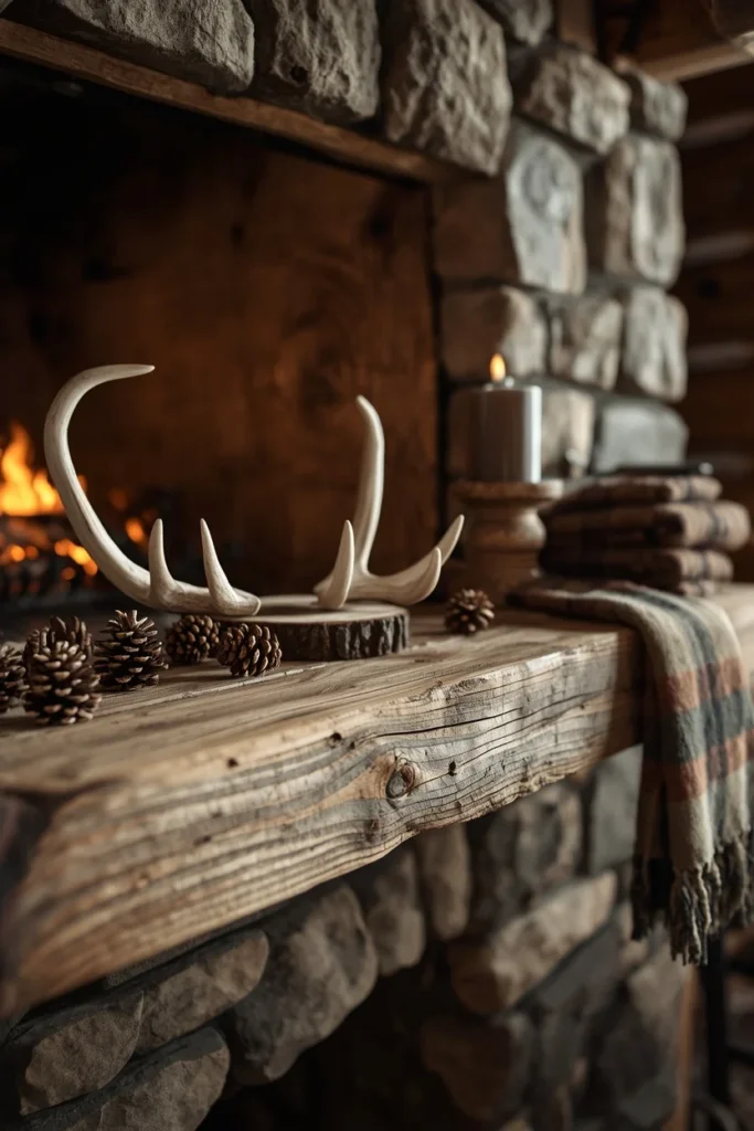  cabin living room mantel, featuring a small set of antlers, a raw wood candle riser, and scattered pinecones