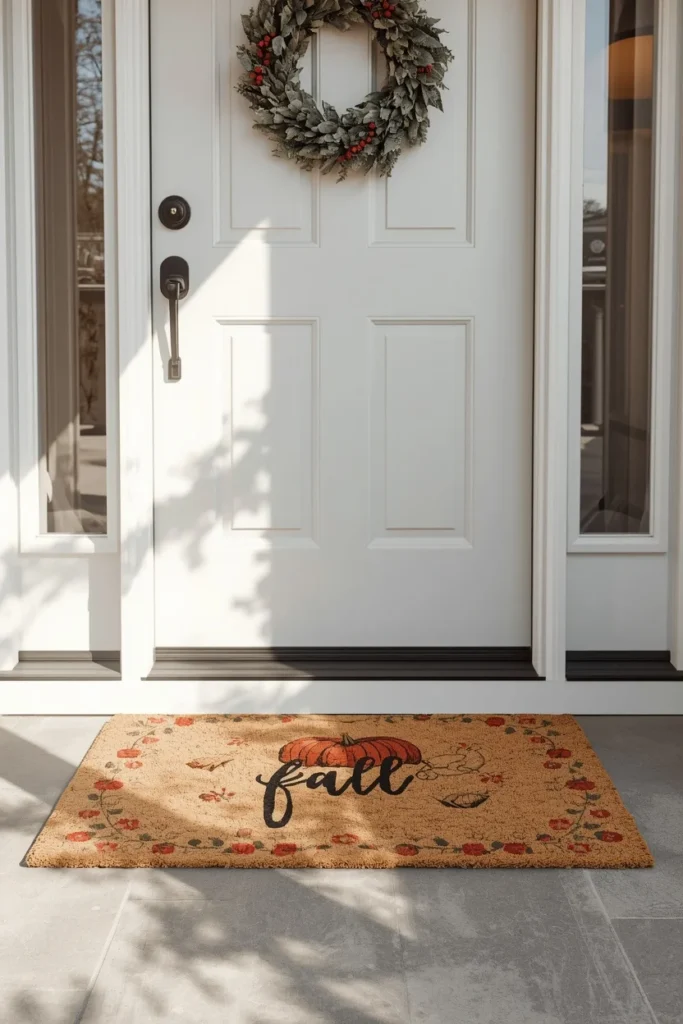 23 Fall Front Porch Decor Ideas Neighbors Will Envy 20 front door entry, featuring a layered doormat display with a larger natural fiber mat beneath a smaller printed fall-themed mat