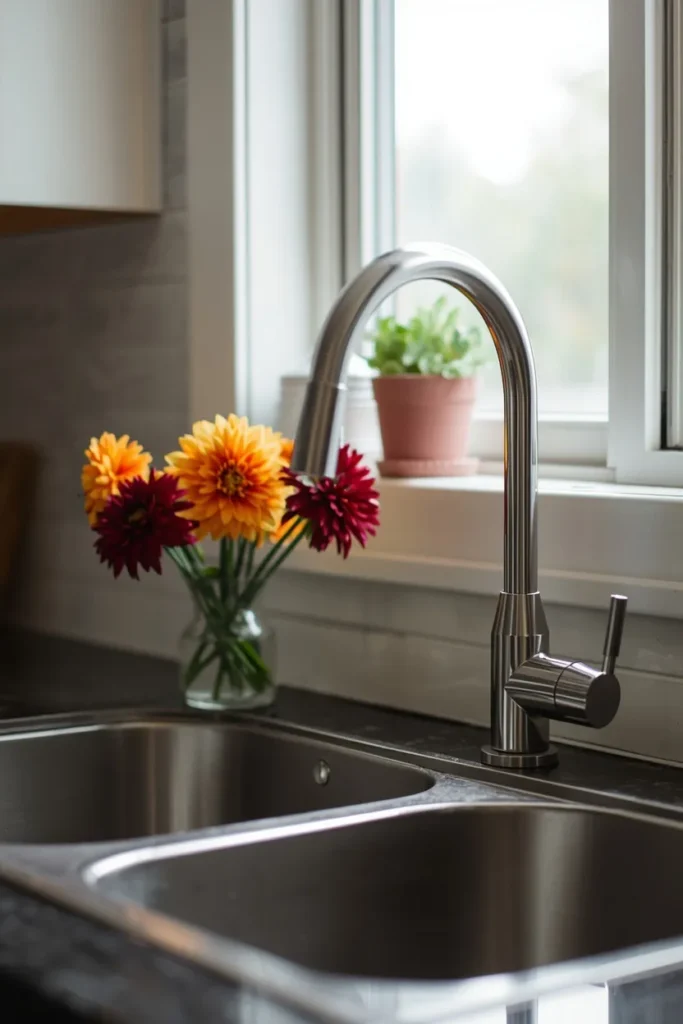 20 Fall Kitchen Decor Ideas That Are Easy to Recreate 20 kitchen sink close-up, featuring a small vase of orange and burgundy dahlias