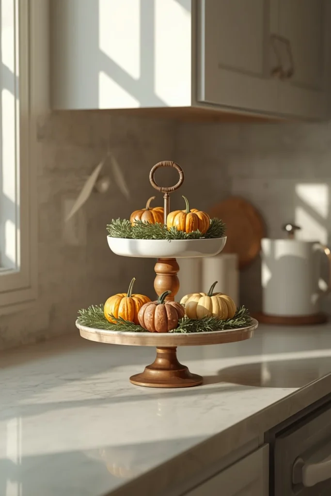 kitchen counter close-up, featuring a cake stand, pie stand, and small plate