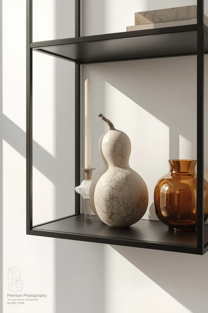  black-framed floating shelf, featuring a single sculptural gourd, pale candlesticks
