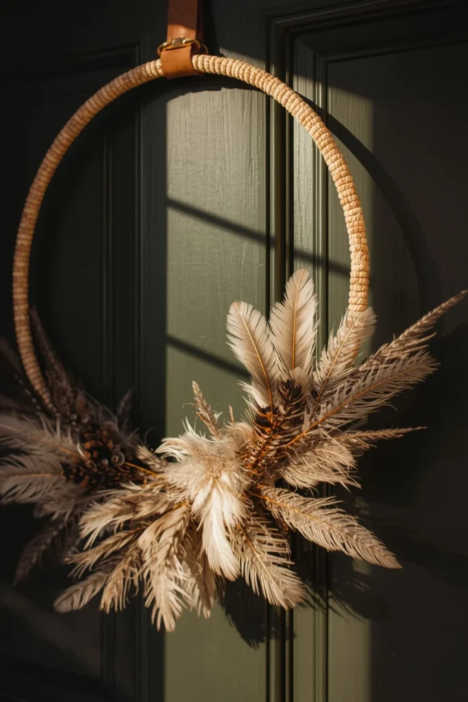 24 Fall Wreath Ideas to Welcome the Season in Style 20 front door close-up, featuring a beaded hoop wreath transformed with faux ostrich