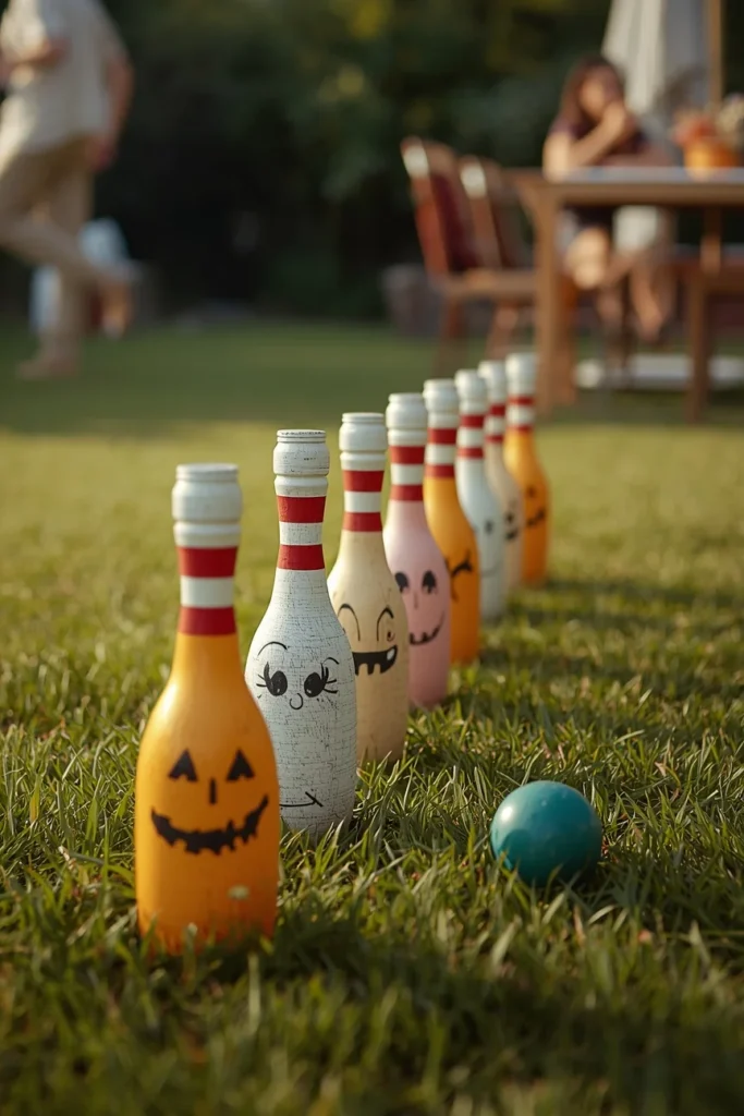 19 Fun DIY Scarecrow Ideas for fall that Kids Will Love Making 20 outdoor party scene, featuring a row of painted plastic bottle scarecrow