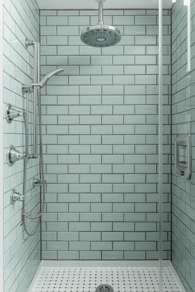21 Green Bathroom Ideas That Bring Nature's Calm Into Your Home 20 bathroom shower wall, featuring seafoam green subway