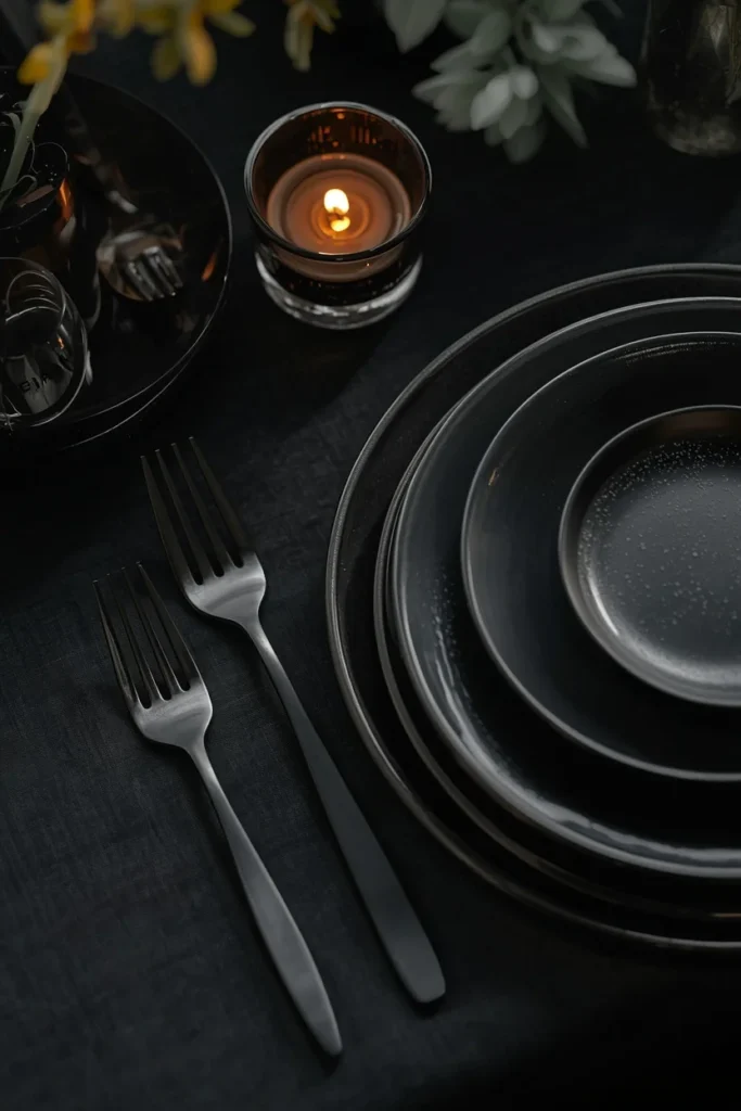  place setting detail shot, featuring matte black flatware laid neatly beside a layered black 