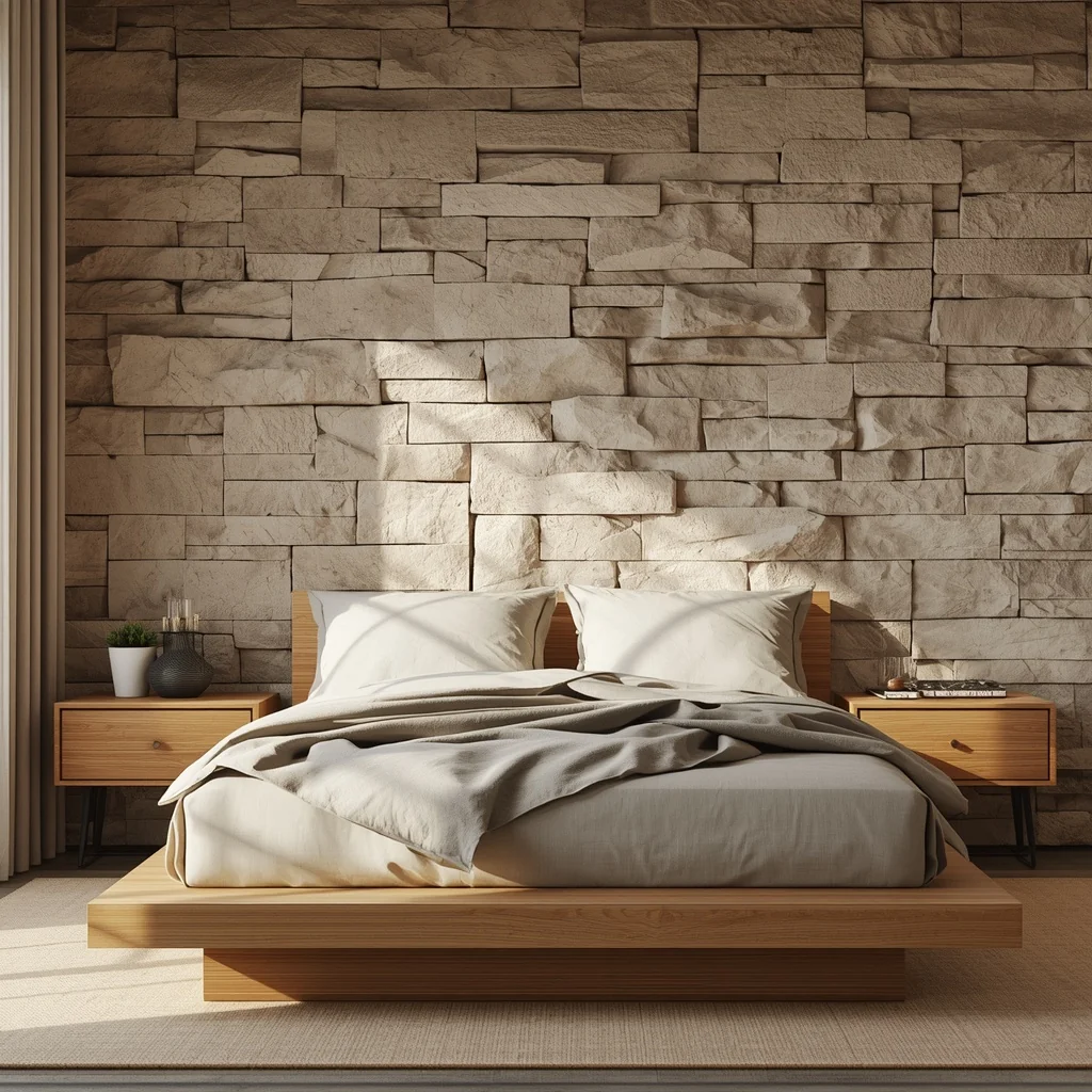  Japandi bedroom, featuring a raw stacked stone accent wall behind a low platform bed,