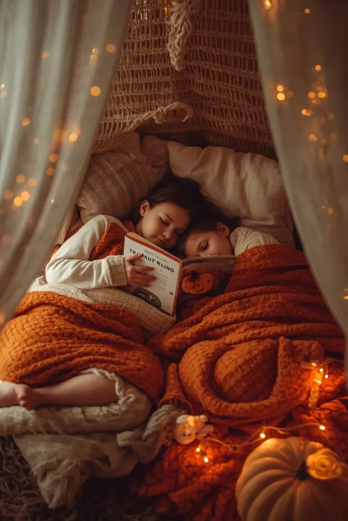 cozy reading nook, featuring soft orange and cream blankets, floor pillows, 