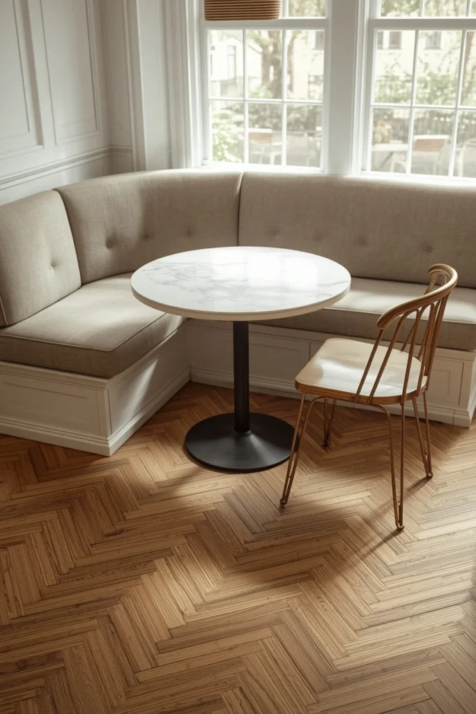 21 Kitchen Banquette Seating Ideas That Make Every Meal Feel Special 20 kitchen breakfast nook, featuring a herringbone wood floor beneath a solid oatmeal linen banquette bench