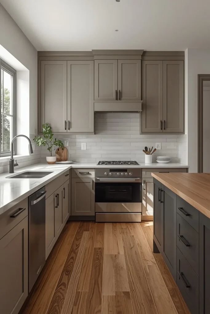 kitchen, featuring taupe shaker cabinets, matte black hardware, warm wood flooring