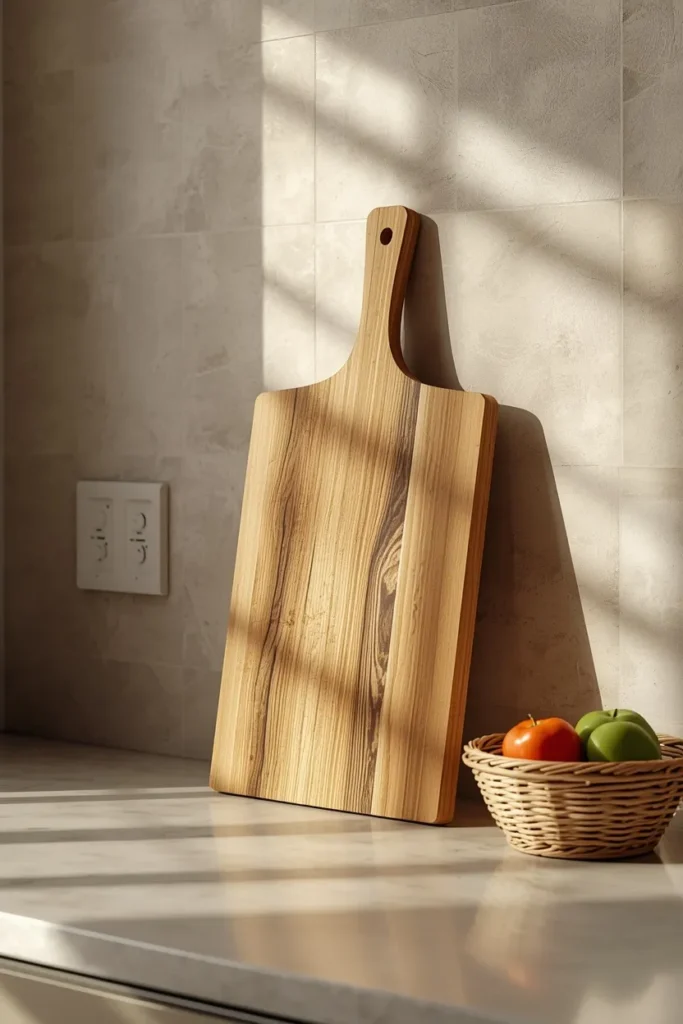  kitchen island, featuring a wood cutting board with visible grain leaning 