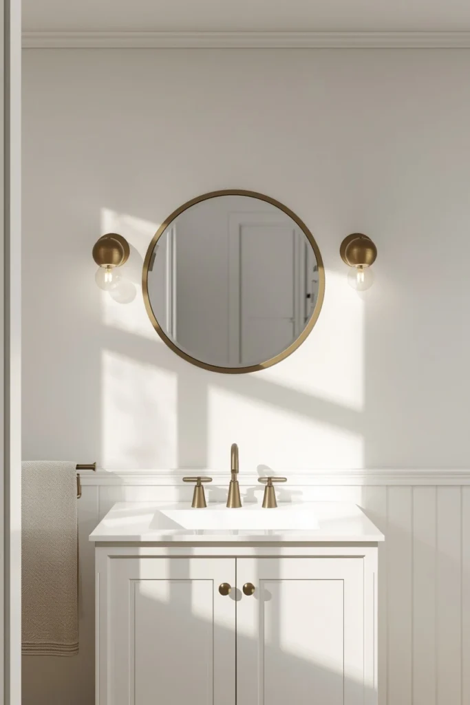 25 Modern Bathroom Designs That Look Like a 5-Star Spa Retreat 20 bathroom vanity wall, featuring a single round mirror flanked by warm brass globe sconces