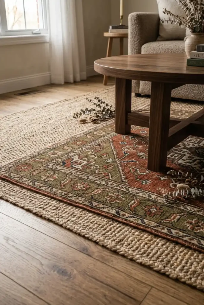  living room floor detail, featuring a layered jute base rug with a smaller patterned 
