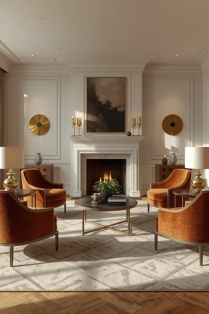  living room, featuring a symmetrical furniture layout with matching velvet chairs 