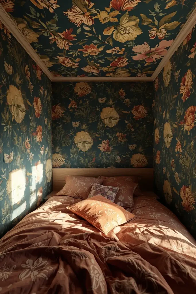  small bedroom, featuring a boldly wallpapered ceiling in a saturated botanical pattern 