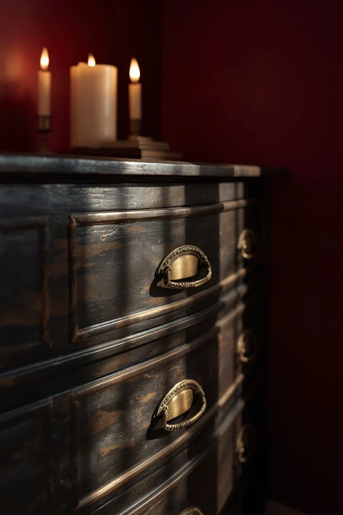 21 Vampy Romantic Bedroom Ideas for a Moody, Gothic-Chic Retreat 20 dresser detail shot, featuring antique brass drawer pulls on a dark wood dresser