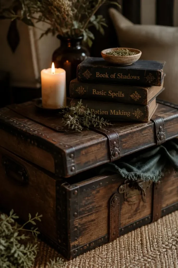 23 Vintage Halloween Decor Ideas That Look Straight Out of an Old Storybook 20 wooden trunk styling, featuring a weathered leather-strapped trunk