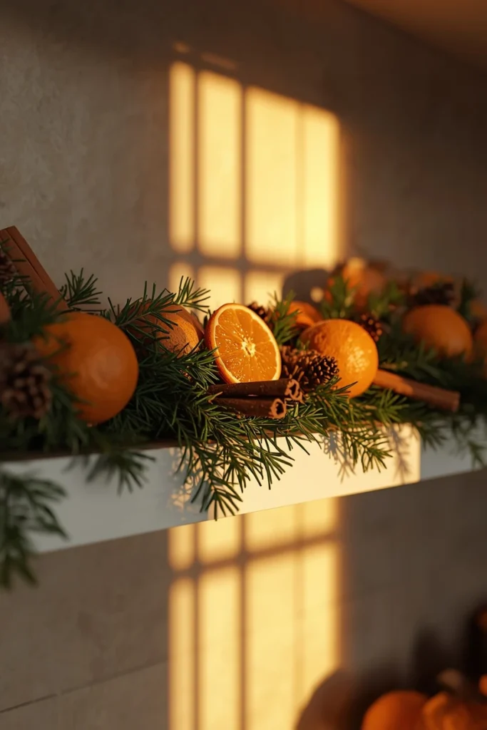 19 Ways to Decorate a Farmhouse Kitchen for Christmas (Cozy, Budget-Friendly Ideas) 20 farmhouse kitchen shelf edge, featuring a layered garland of dried orange slices,