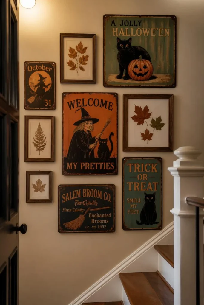 25 Whimsical Halloween Decor Ideas That Feel Spooky and Cute 20 staircase wall, featuring a gallery arrangement of vintage-style tin Halloween signs
