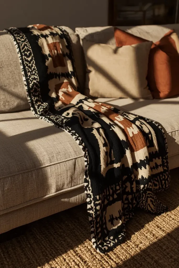 17 Afrobohemian Living Room Ideas That Feel Like a Global Getaway 3 living room, featuring a low natural linen sofa draped with an authentic hand-painted mudcloth