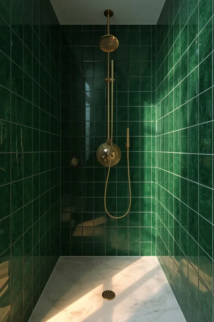 18 Bathroom Tile Ideas That Are Bold Enough to Transform Everything 3 bathroom shower, featuring glossy emerald green tile fully covering the shower surround