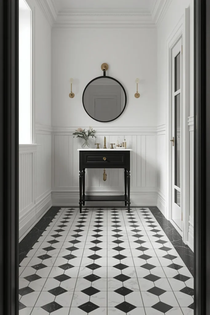 19 Black Bathroom Ideas That Are Dramatic, Chic & Completely Stunning 3 powder room, featuring large-format black and white checkerboard marble floor tile,